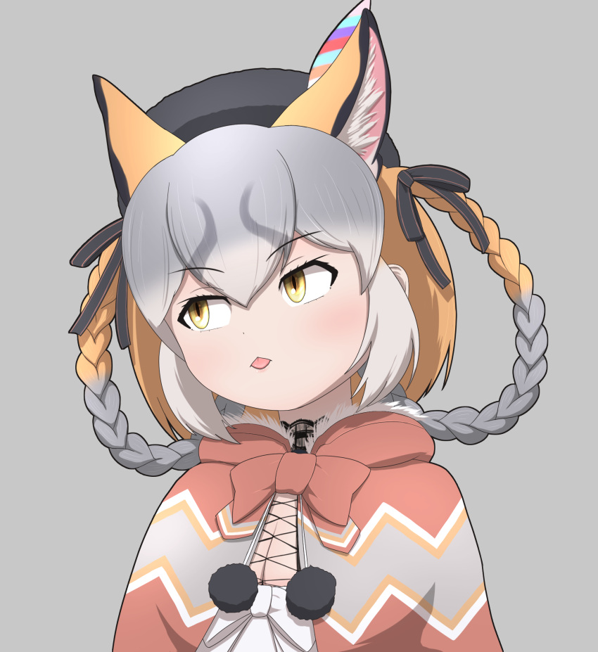 1girl animal_ears brown_hair cape dress extra_ears fox_ears fox_girl grey_background grey_hair hat hat_feather highres island_fox_(kemono_friends) kemono_friends kemono_friends_v_project long_hair rest_in_muni ribbon simple_background solo sundress tongue virtual_youtuber yellow_eyes