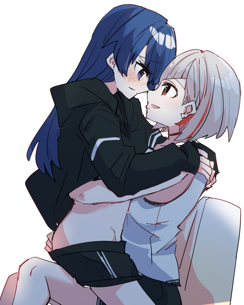 2girls backlighting black_choker black_jacket blue_eyes blue_hair blush bob_cut choker clothes_pull couch dark_blue_hair diagonal_bangs dollchestra eye_contact face-to-face from_side girl_on_top grey_hair hair_down hand_on_another's_ass hand_under_clothes hands_on_another's_shoulders highres hood hooded_jacket inverted_bob jacket kanduki_kamibukuro link!_like!_love_live! long_hair long_sleeves looking_at_another love_live! multicolored_hair multiple_girls murano_sayaka noses_touching on_couch open_mouth parted_lips pulling_another's_clothes red_eyes red_hair short_hair shorts shorts_pull simple_background sitting smile straddling streaked_hair tank_top upright_straddle virtual_youtuber white_background white_tank_top yugiri_tsuzuri yuri