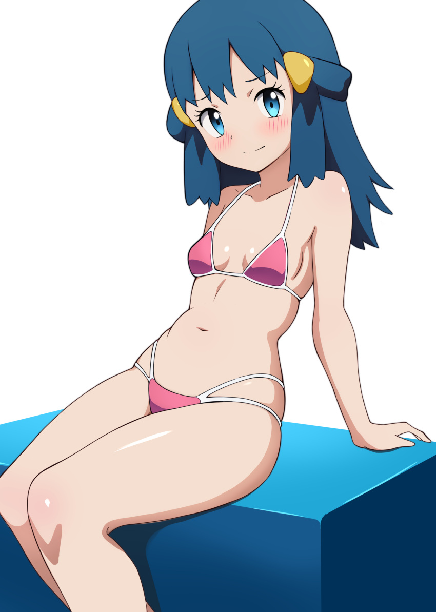 1girl absurdres alternate_costume aqua_eyes arm_support bikini blush breasts closed_mouth commentary dawn_(pokemon) eyelashes hair_ornament hairclip highres knees leaning_back long_hair looking_at_viewer mnkr98 navel pink_bikini pokemon pokemon_dppt shiny_skin sidelocks sitting solo split_mouth swimsuit white_background