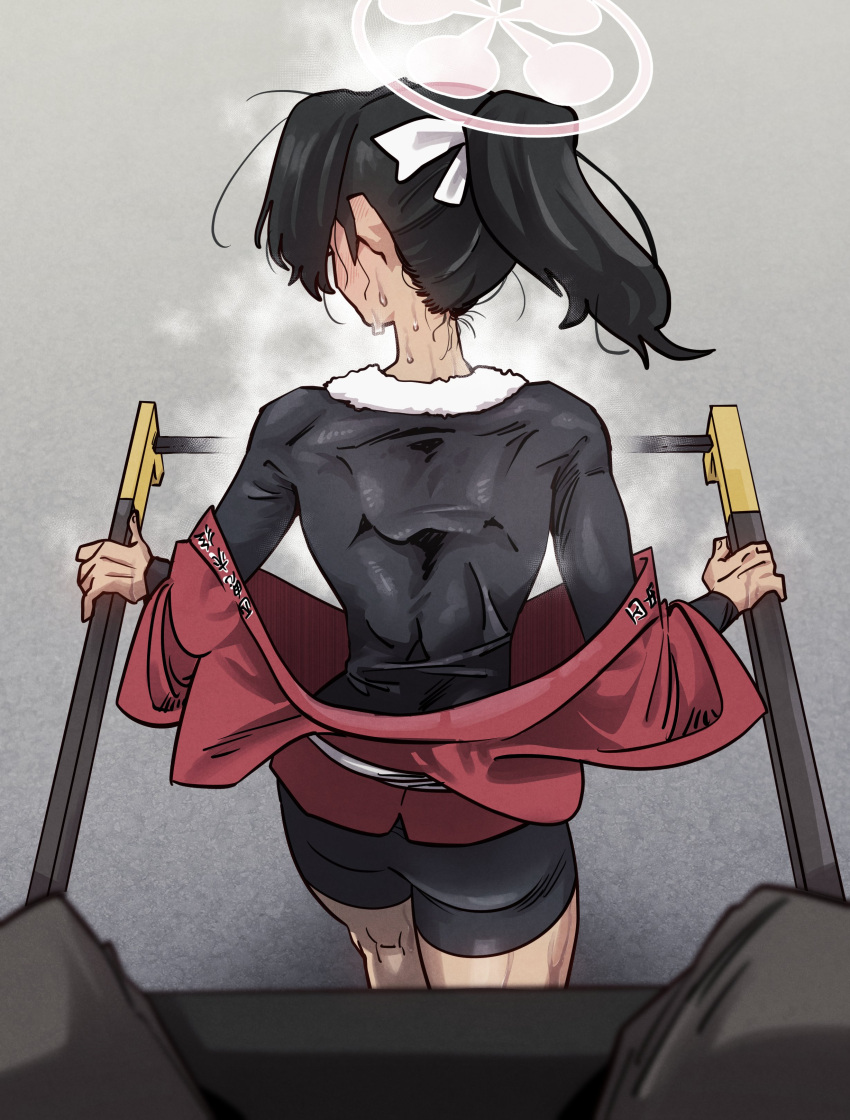 1girl 3_jung absurdres ass back bike_shorts black_hair black_shirt blue_archive dark-skinned_female dark_skin halo highres japanese_clothes long_hair long_sleeves ponytail rickshaw rickshaw_student_(blue_archive) shirt sweat towel towel_around_neck white_towel