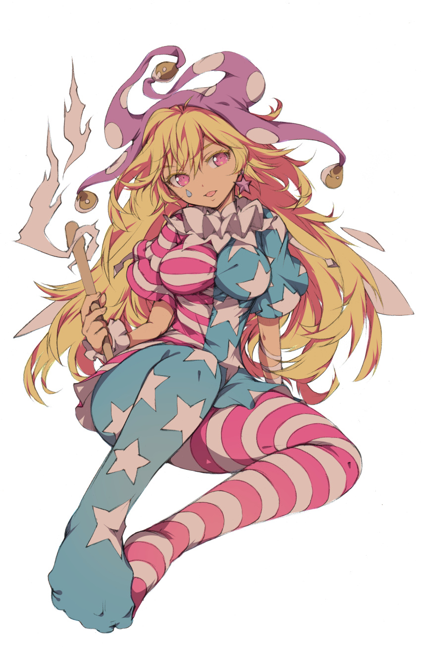 1girl absurdres american_flag_dress american_flag_legwear blonde_hair breasts clownpiece dress earrings fairy fairy_wings hat highres ichizen_(o_tori) jester_cap jewelry long_hair medium_breasts one-hour_drawing_challenge open_mouth pantyhose polka_dot polka_dot_headwear purple_hat red_eyes short_sleeves simple_background solo star_(symbol) star_earrings star_print striped_clothes striped_dress striped_pantyhose tongue tongue_out touhou white_background wings
