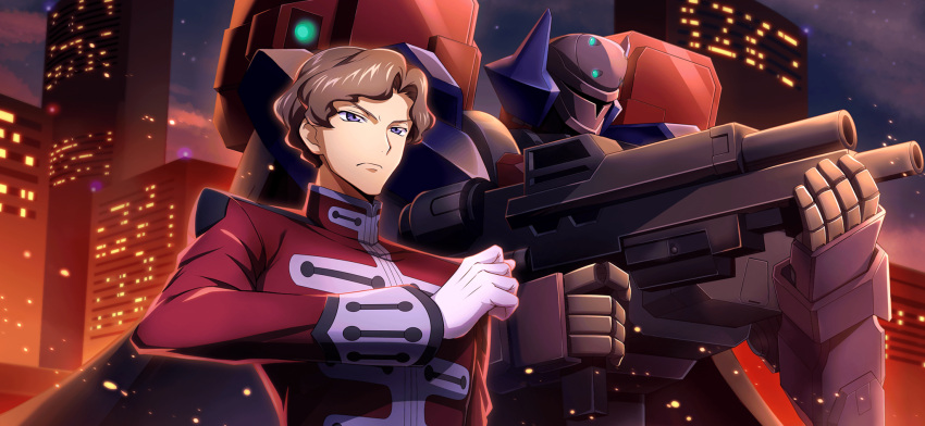 1boy artist_request assault_rifle black_cape blue_eyes brown_hair building cape city claudio_s._darlton clenched_hand closed_mouth code_geass code_geass:_lost_stories embers game_cg gloucester_(code_geass) gloves gun hand_up highres holding holding_gun holding_weapon jacket long_sleeves looking_afar male_focus mecha military_uniform night non-web_source official_art outdoors red_jacket rifle robot serious short_hair skyscraper solo standing two-handed uniform upper_body weapon white_gloves