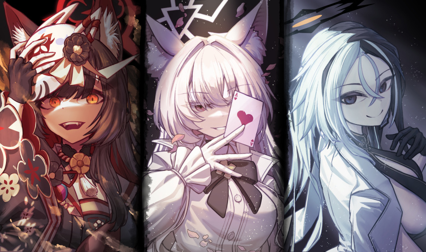 3girls ace_(playing_card) ace_of_hearts akira_(blue_archive) animal_ear_fluff animal_ears black_gloves blue_archive breasts card cat_ears cat_girl fangs fingerless_gloves fox_ears fox_girl gloves halo heart highres holding holding_card japanese_clothes kai_(blue_archive) looking_at_viewer multiple_girls playing_card sideboob user_rpdg2428 wakamo_(blue_archive) white_gloves