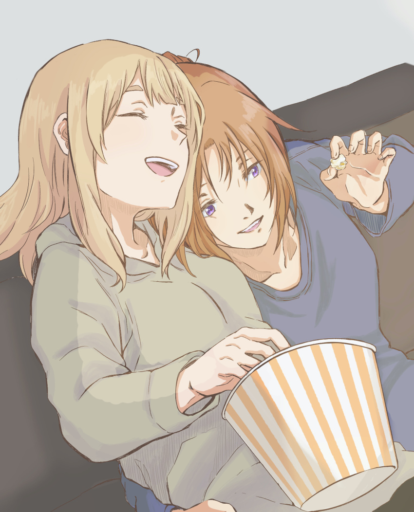 2girls arm_around_waist blonde_hair blue_shirt brown_hair closed_eyes commentary_request couch cuddling curryisfriend food grey_hair grey_sweater hand_on_another's_shoulder hand_on_another's_waist hibike!_euphonium highres holding holding_food indoors laughing liz_to_aoi_tori long_hair long_sleeves multiple_girls nakagawa_natsuki on_couch open_mouth popcorn purple_eyes shirt simple_background sitting smile sweater yoshikawa_yuuko yuri
