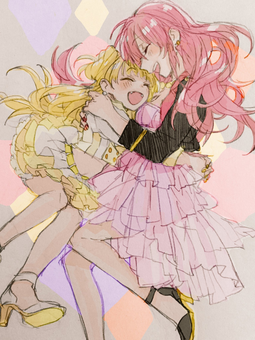 2girls black_jacket blonde_hair blush closed_eyes crop_top dress earrings fangs frilled_skirt frills gacho_p high_heels highres hug idolmaster idolmaster_cinderella_girls jacket jewelry jougasaki_mika jougasaki_rika long_hair miniskirt multiple_girls open_mouth pink_dress pink_hair siblings sisters sketch skirt smile