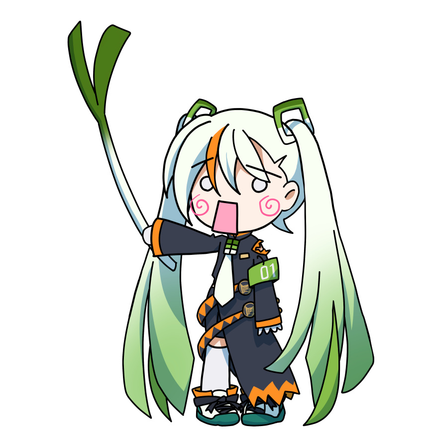 1girl absurdres aosaki_yato armband belt black_jacket blush_stickers chibi commentary delinquent fighting_miku_(project_voltage) food gradient_hair green_hair hachune_miku hatsune_miku highres holding holding_food holding_spring_onion holding_vegetable jacket leekspin_(meme) long_hair meme miku_miku_ni_shite_ageru_(vocaloid) multicolored_hair necktie o_o open_mouth pokemon project_voltage shoes simple_background sneakers spring_onion thighhighs twintails vegetable very_long_hair vocaloid white_background white_hair white_necktie white_thighhighs