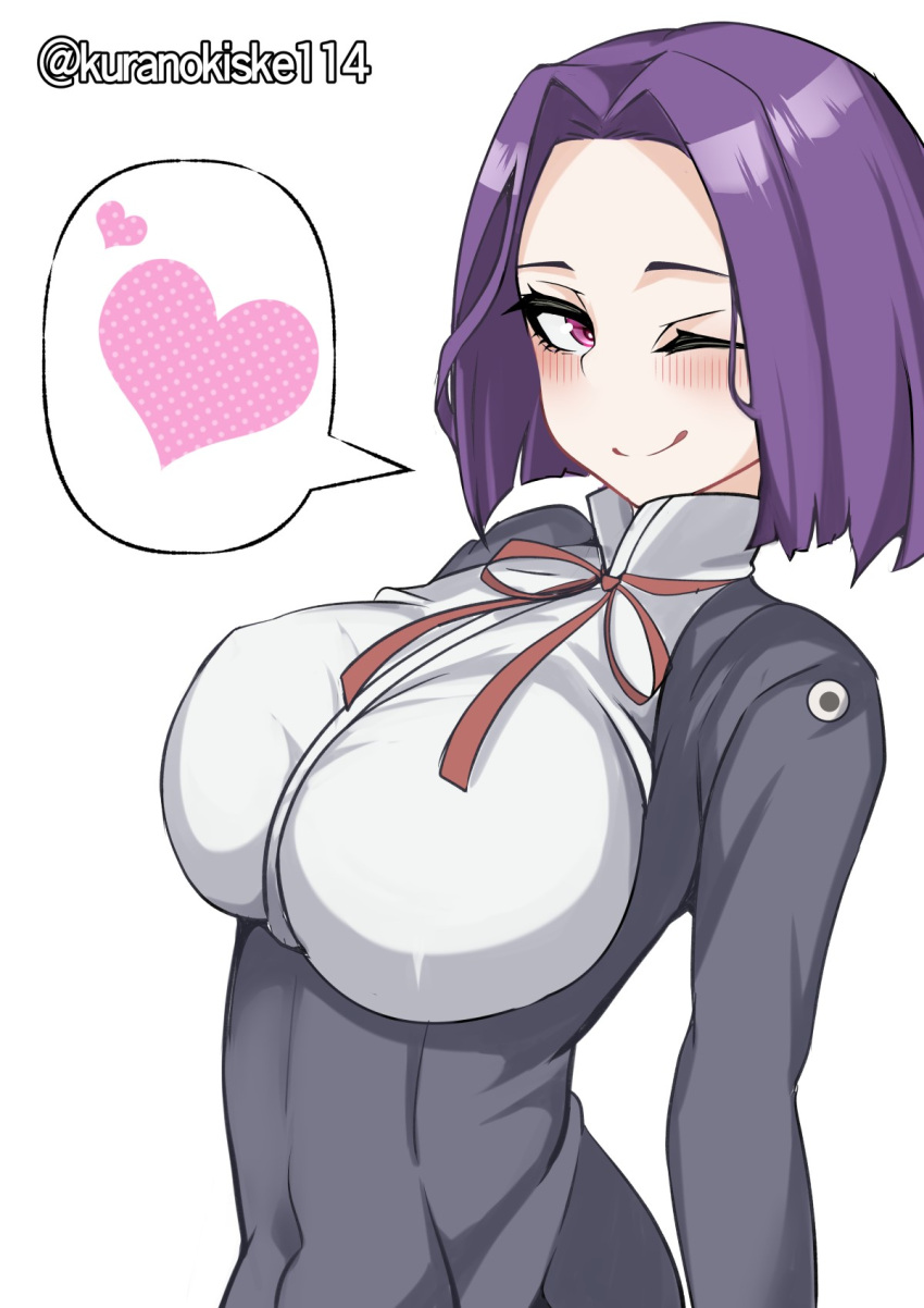 1girl black_dress breasts dress heart highres kantai_collection kurano_kisuke large_breasts neck_ribbon one-hour_drawing_challenge one_eye_closed purple_eyes purple_hair red_ribbon ribbon short_hair simple_background solo spoken_heart tatsuta_(kancolle) twitter_username upper_body white_background