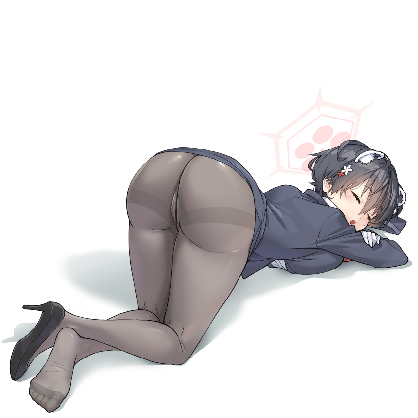 1girl animal_ears ass black_footwear black_hair black_pantyhose blue_archive blush breasts closed_eyes extra_ears gloves halo high_heels highres kamuraya kneepits large_breasts long_sleeves official_alternate_costume open_mouth panties panties_under_pantyhose pantyhose pink_halo shirt short_hair simple_background soles solo toes tsubaki_(blue_archive) tsubaki_(guide)_(blue_archive) underwear white_background white_gloves white_panties white_shirt