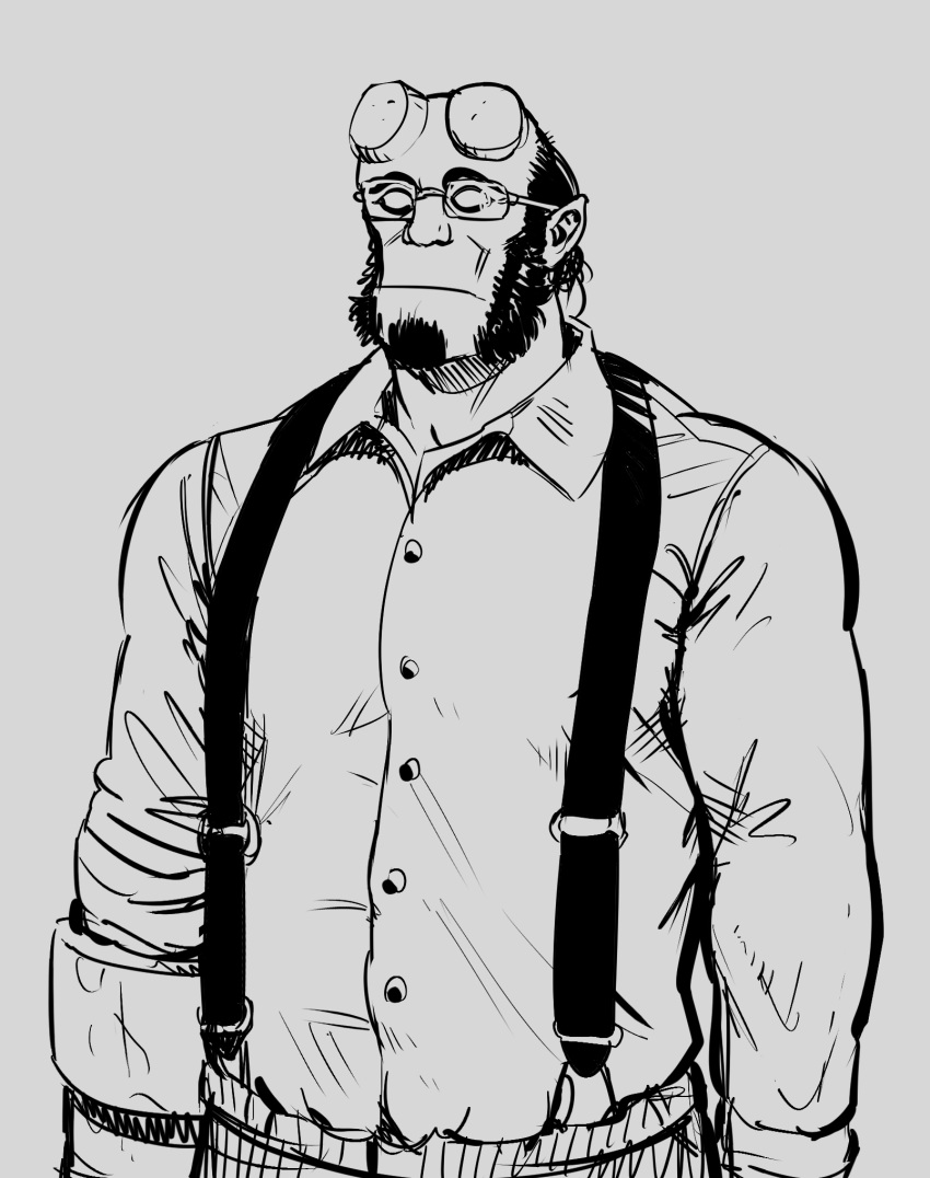 1boy alternate_costume arms_at_sides bald_spot bara bespectacled blank_eyes broken_horn collared_shirt cowboy_shot demon_boy facial_hair glasses goatee greyscale hellboy hellboy_(comic) highres horns large_pectorals male_focus mature_male monochrome monster_boy muscular muscular_male mutton_chops pectorals plump shirt smagma solo suspenders