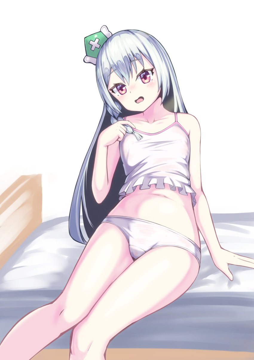 1girl blush breasts camisole commission dorai feet_out_of_frame futoku_no_guild hair_between_eyes hand_on_floor hat highres knees_together_feet_apart long_hair looking_at_viewer maidena_angers mini_hat navel on_bed open_mouth orange_eyes panties pixiv_commission playing_with_own_hair simple_background sitting small_breasts solo stomach underwear underwear_only wavy_mouth white_background white_camisole white_hair white_panties