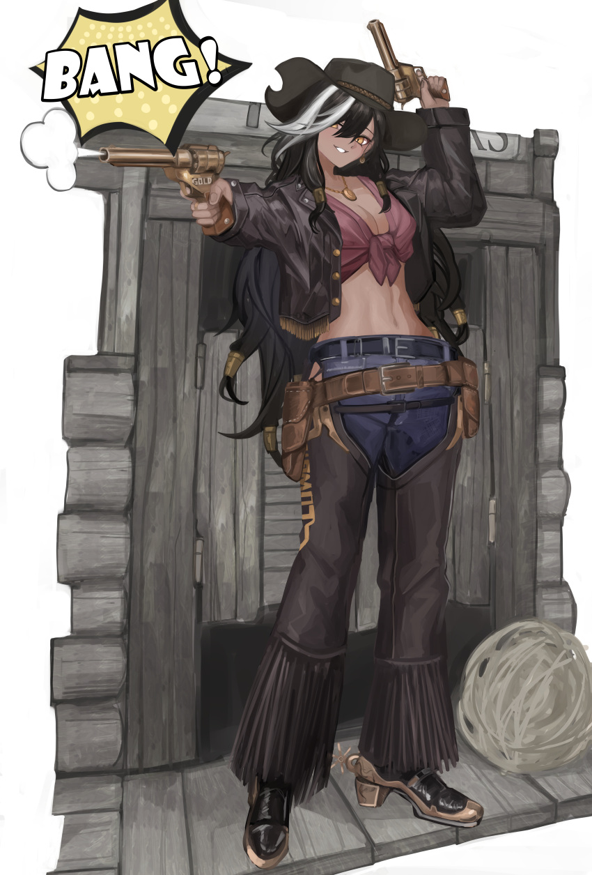 1girl absurdres alternate_costume aokuma_(yuuran_create) belt black_belt black_hair black_hairband black_jacket boots breasts centurion_(reverse:1999) chaps cleavage collarbone commentary_request cowboy_boots cowboy_hat cowgirl_(western) dark-skinned_female dark_skin denim dual_wielding earrings full_body gun hair_between_eyes hair_over_one_eye hair_ribbon hairband hat highres holding holding_gun holding_weapon holster jacket jeans jewelry leather leather_jacket long_hair medium_breasts midriff multicolored_hair navel necklace open_clothes open_jacket pants parted_lips purple_shirt reverse:1999 ribbon shadow shirt sidelocks smile solo sound_effects spurs standing streaked_hair tachi-e tied_shirt tress_ribbon weapon white_hair yellow_eyes