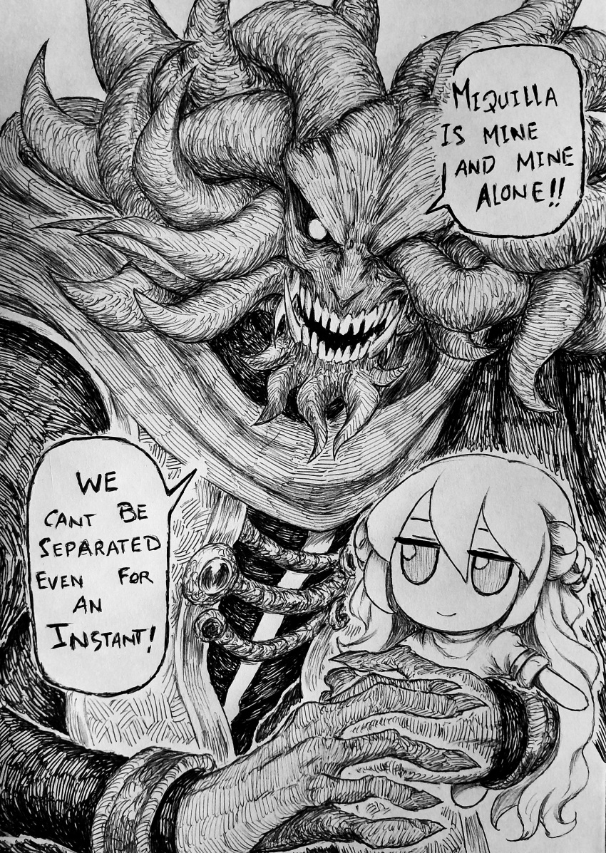 1other absurdres character_doll character_request chronozbergh commentary demon doll elden_ring english_commentary english_text fumo_(doll) greyscale highres holding holding_doll looking_at_viewer miquella_(elden_ring) monochrome sharp_teeth solo speech_bubble teeth traditional_media upper_body