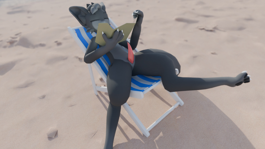 3d_(artwork) absurd_res anthro beach blender_(software) digital_media_(artwork) digitigrade erection eyes_closed fur genitals grey_body grey_fur hi_res lying male nuclear54 nuclear54_(character) nude paws penis presenting presenting_penis relaxing sand solo sunbathing tail