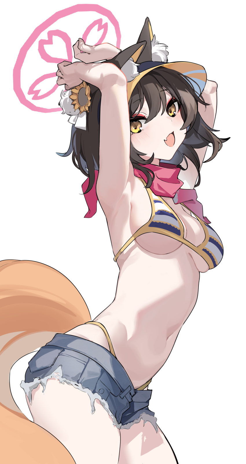 1girl absurdres animal_ear_fluff animal_ears bikini black_hair blue_archive blue_shorts blush breasts chinoryuu colored_eyelashes cowboy_shot fang fox_ears fox_tail hair_between_eyes halo highres izuna_(blue_archive) izuna_(swimsuit)_(blue_archive) medium_breasts navel official_alternate_costume open_mouth pink_halo pink_scarf scarf short_hair short_shorts shorts simple_background skin_fang smile solo striped_bikini striped_clothes swimsuit tail white_background yellow_eyes