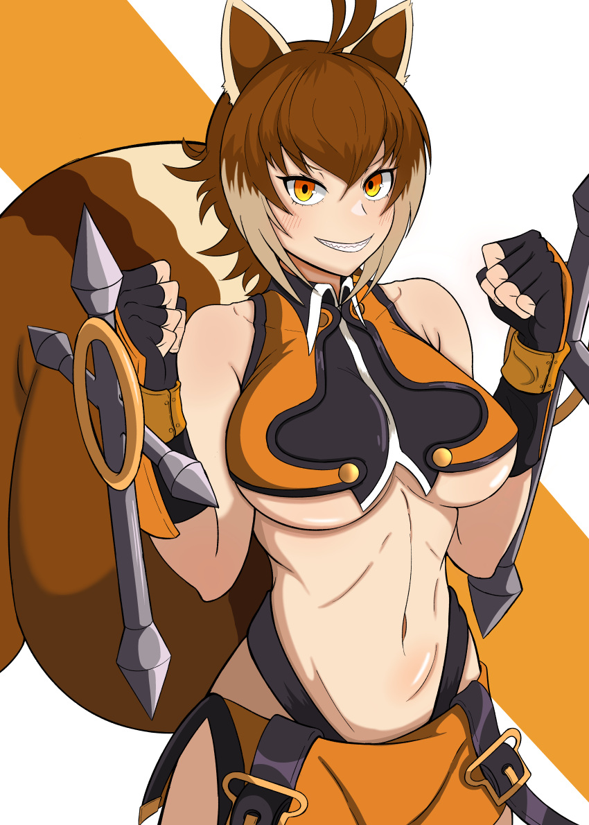 1girl absurdres animal_ears antenna_hair bare_shoulders black_gloves blazblue breasts brown_hair clenched_hands collarbone collared_shirt commentary cowboy_shot crop_top fingerless_gloves gloves grin hair_between_eyes highleg highleg_panties highres large_breasts looking_at_viewer makoto_nanaya microskirt multicolored_hair navel orange_eyes orange_shirt orange_skirt panties revealing_clothes sharp_teeth shirt short_hair sidelocks skirt sleeveless sleeveless_shirt smile solo square-w squirrel_ears squirrel_girl squirrel_tail standing stomach tail teeth tonfa two-tone_hair underboob underwear weapon