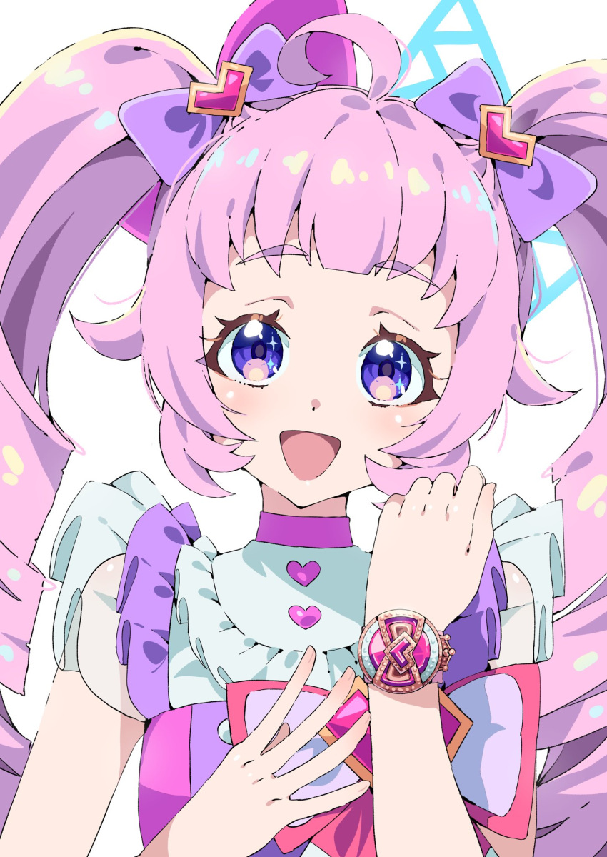 1girl :d ahoge aozora_himari blunt_bangs bow commentary_request drill_hair hair_bow hands_up heart highres himitsu_no_aipri idol_clothes long_hair looking_at_viewer open_mouth pink_hair pretty_series purple_bow purple_eyes simple_background smile solo tsujii_luki twintails upper_body watch white_background wristwatch