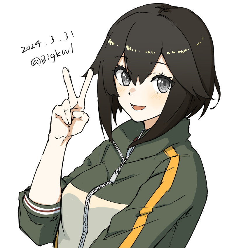 1girl absurdres bigkwl black_hair green_jacket grey_eyes hayasui_(kancolle) highres jacket kantai_collection multicolored_clothes multicolored_jacket official_alternate_costume one-hour_drawing_challenge open_mouth short_hair simple_background smile solo upper_body v white_background