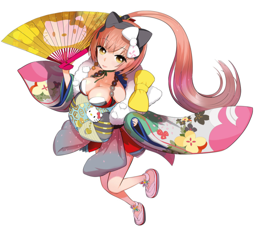 1girl animal_ears bow breasts cat_ears cleavage closed_mouth fake_animal_ears floating_clothes floral_print folding_fan hand_fan hello_kitty hello_kitty_(character) hello_kitty_print holding holding_fan japanese_clothes kimono lips looking_at_viewer nekomura_iroha nekomura_iroha_(vocaloid4) official_art okama pink_hair print_kimono sanrio side_ponytail smile solo third-party_source vocaloid white_bow yellow_bow yellow_eyes