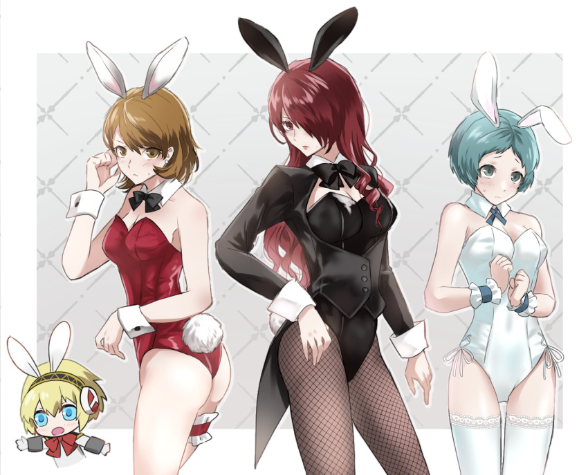 4girls aegis_(persona) alternate_costume android animal_ears aqua_eyes aqua_hair ass bare_shoulders black_bow black_bowtie black_leotard blonde_hair blue_eyes blush bow bowtie breasts brown_eyes brown_hair chibi chibi_inset cleavage closed_mouth commentary_request cowboy_shot detached_collar earrings embarrassed fake_animal_ears fake_tail fishnet_pantyhose fishnets frilled_straps hair_over_one_eye jewelry kirijou_mitsuru leotard long_hair long_sleeves looking_at_viewer medium_breasts multiple_girls pantyhose pearl_earrings persona persona_3 persona_3_reload playboy_bunny rabbit_ears rabbit_tail red_bow red_bowtie red_eyes red_hair red_leotard robot_ears short_hair strapless strapless_leotard stud_earrings sweatdrop tail takeba_yukari thigh_strap thighhighs tsukitaka white_leotard white_thighhighs wrist_cuffs yamagishi_fuuka