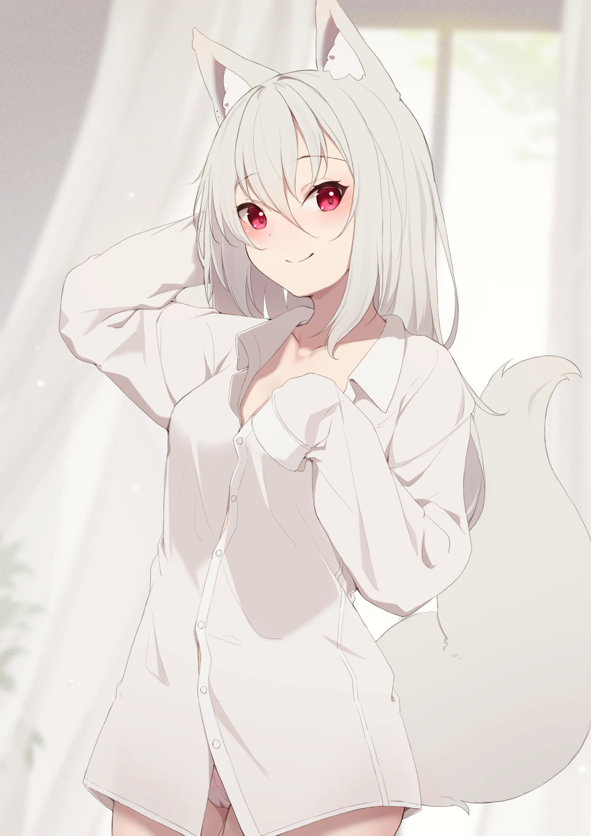 1girl absurdres animal_ears blue_eyes blush closed_mouth collarbone commentary_request curtains fox_ears fox_girl fox_tail grey_hair hair_between_eyes highres hinata_(user_rjkt4745) indoors long_hair long_sleeves looking_at_viewer original panties red_eyes shirt sleeves_past_fingers sleeves_past_wrists smile solo tail thighs underwear white_panties white_shirt window