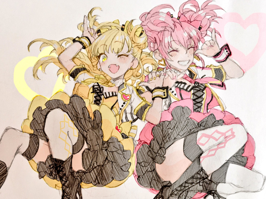 2girls blonde_hair boots earrings fangs gacho_p heart heart_earrings high_heel_boots high_heels highres idol_clothes idolmaster idolmaster_cinderella_girls interlocked_fingers jewelry jougasaki_mika jougasaki_rika long_hair looking_at_viewer multiple_girls one_eye_closed open_mouth pink_hair siblings sisters sketch skirt smile thighhighs twintails wrist_cuffs yellow_eyes