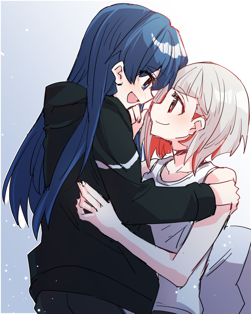 2girls :d black_choker black_jacket black_pants blue_background blue_eyes blue_hair blunt_bangs bob_cut choker closed_mouth collarbone colored_inner_hair dark_blue_hair eye_contact face-to-face gradient_background grey_hair hair_down hand_on_another's_arm hand_on_another's_cheek hand_on_another's_face hand_on_another's_waist highres inverted_bob jacket kanduki_kamibukuro light_particles link!_like!_love_live! long_hair long_sleeves looking_at_another love_live! multicolored_hair multiple_girls murano_sayaka open_mouth pants red_eyes red_hair short_hair smile streaked_hair tank_top upper_body virtual_youtuber white_background white_tank_top yugiri_tsuzuri yuri