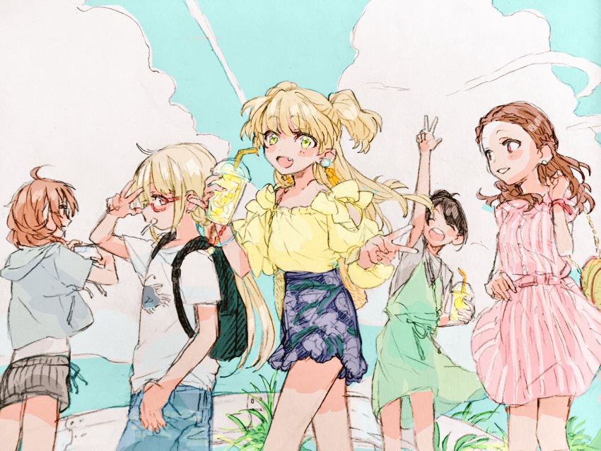 5girls araki_hina backpack bag black_hair blonde_hair blue_sky blush brown_hair closed_eyes cloud dress drink fang futaba_anzu gacho_p glasses green_eyes harada_miyo highres idolmaster idolmaster_cinderella_girls jougasaki_rika long_hair looking_at_viewer multiple_girls outdoors red_eyes seki_hiromi shirt sketch skirt sky smile t-shirt v