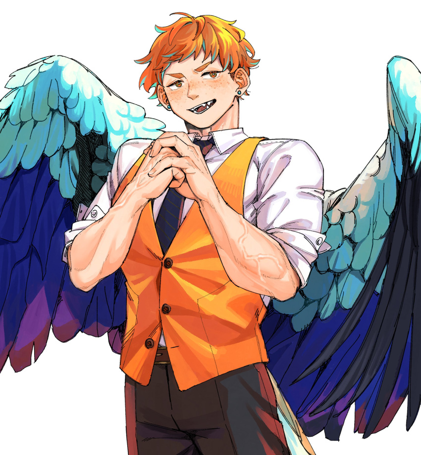 1boy absurdres bird_boy bird_tail blue_hair blue_wings brown_pants collared_shirt cowboy_shot earrings fangs feathered_wings fist_in_hand freckles hands_up highres jewelry looking_at_viewer male_focus multicolored_hair open_mouth orange_eyes orange_hair orange_vest original pants rramarukun shirt short_hair simple_background solo standing streaked_hair tail veins very_short_hair vest white_background white_shirt wings