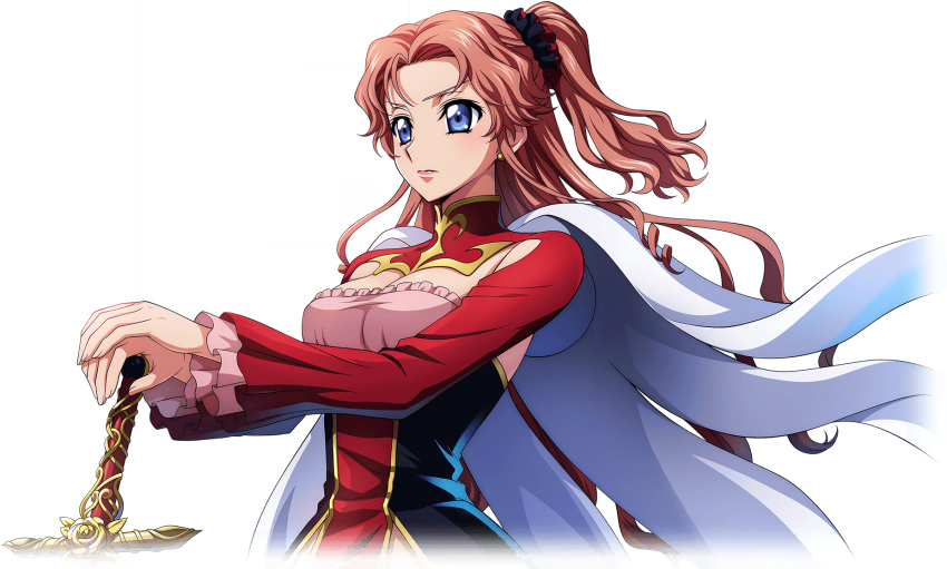 1girl artist_request black_scrunchie blue_eyes blush breasts cape cleavage closed_mouth code_geass code_geass:_lost_stories code_geass:_soubou_no_oz cropped_torso dress earrings forehead game_cg gold_trim hair_ornament hair_scrunchie hands_on_hilt hands_up highres holding holding_sword holding_weapon jewelry layered_sleeves light_blush long_hair long_sleeves looking_afar marrybel_mel_britannia medium_breasts military_uniform multicolored_clothes multicolored_dress non-web_source official_art orange_hair own_hands_together scrunchie serious shrug_(clothing) simple_background solo standing strapless strapless_dress stud_earrings sword transparent_background uniform upper_body v-shaped_eyebrows weapon white_cape
