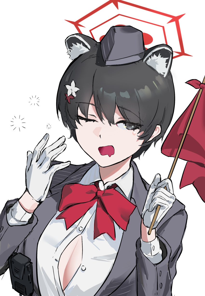 1girl animal_ear_fluff animal_ears black_eyes black_hair black_hat blue_archive bow bowtie breasts buttons collared_shirt extra_ears flag gloves hair_ornament halo hat highres holding holding_flag large_breasts long_sleeves looking_at_viewer official_alternate_costume one_eye_closed open_mouth red_bow red_bowtie red_halo shirt short_hair shortofsugar simple_background sketch solo tsubaki_(blue_archive) tsubaki_(guide)_(blue_archive) upper_body white_background white_gloves white_shirt