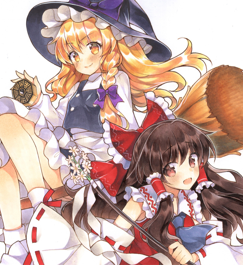 :d absurdres apron ass blonde_hair blush bow breasts broom broom_riding brown_hair commentary_request convenient_censoring detached_sleeves flower gohei hair_bow hair_tubes hakurei_reimu hat hat_bow highres kirisame_marisa long_hair long_sleeves looking_at_viewer mini-hakkero mugicha_(mugicha0929) multiple_girls open_mouth red_eyes skirt skirt_set small_breasts smile socks touhou turtleneck upskirt very_long_hair vest waist_apron witch_hat yellow_eyes