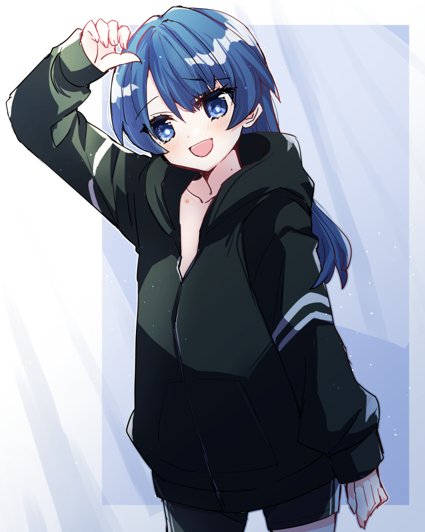 1girl arm_at_side black_jacket black_shorts blue_eyes blue_hair collarbone commentary_request dark_blue_hair flat_chest hand_on_own_head hickey highres hood hooded_jacket jacket kanduki_kamibukuro light_blue_background light_blush link!_like!_love_live! long_hair long_sleeves looking_at_viewer love_live! mole mole_on_neck murano_sayaka open_mouth partially_unzipped raised_eyebrow shorts solo upper_body