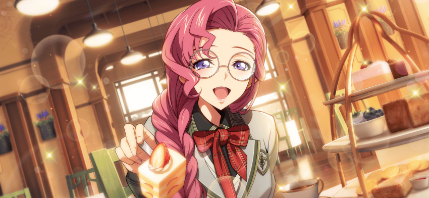 1girl arm_at_side artist_request blue_eyes blueberry blurry blurry_background bokeh bow bowtie braid breasts cafe cake cake_slice code_geass code_geass:_lost_stories cream cup depth_of_field dutch_angle euphemia_li_britannia food forehead fork fruit game_cg glasses grey_jacket hair_over_shoulder half-closed_eyes hand_up happy highres holding holding_food holding_fork incoming_food indoors jacket long_hair long_sleeves looking_at_viewer non-web_source official_art open_mouth pink_hair plaid plaid_bow plaid_bowtie red_bow red_bowtie round_eyewear school_uniform sidelocks single_braid small_breasts smile solo sparkle strawberry strawberry_shortcake tea teacup tiered_tray upper_body white-framed_eyewear