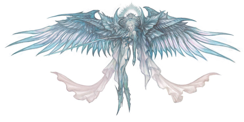 1girl amano_yoshitaka_(style) blue_footwear blue_skin colored_skin concept_art feathered_wings final_fantasy final_fantasy_xiv full_body gradient_skin halo halo_behind_head head_wings high_heels holding holding_sword holding_weapon hydaelyn jpeg_artifacts looking_at_viewer medium_hair multicolored_skin multiple_wings nagamine_hiroyuki official_art outstretched_arm second-party_source simple_background solo sword two-tone_skin weapon white_background white_hair white_skin wings