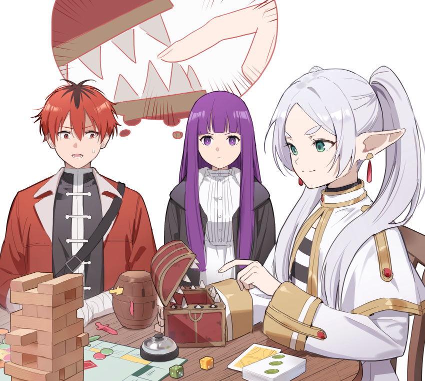 black_cloak board_game capelet cloak commentary earrings elf fern_(sousou_no_frieren) fingernails frieren frieren_stuck_in_a_mimic_(meme) green_eyes grey_hair highres jenga jewelry korean_commentary long_sleeves meme monopoly n2_00345 pointy_ears pop-up_pirate purple_eyes purple_hair red_hair sitting sousou_no_frieren stark_(sousou_no_frieren) v-shaped_eyebrows white_capelet