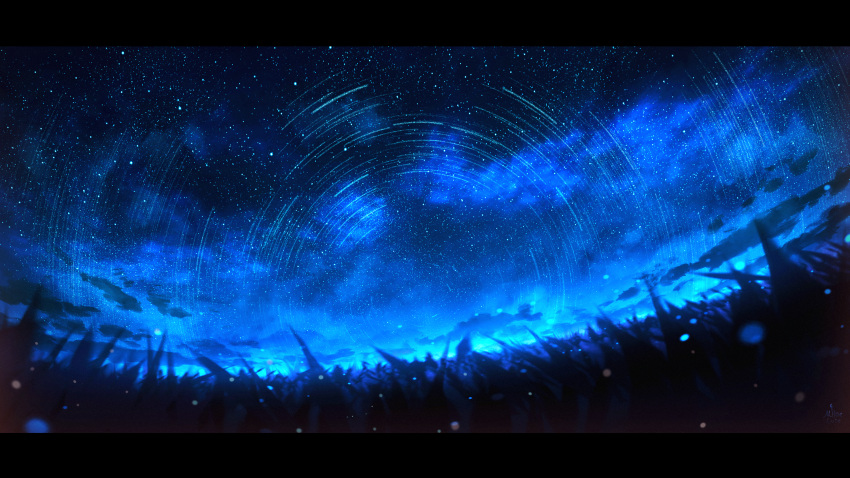 cloud grass highres horizon landscape letterboxed light_particles miloecute night night_sky no_humans original outdoors scenery signature sky star_(sky) star_trail starry_sky