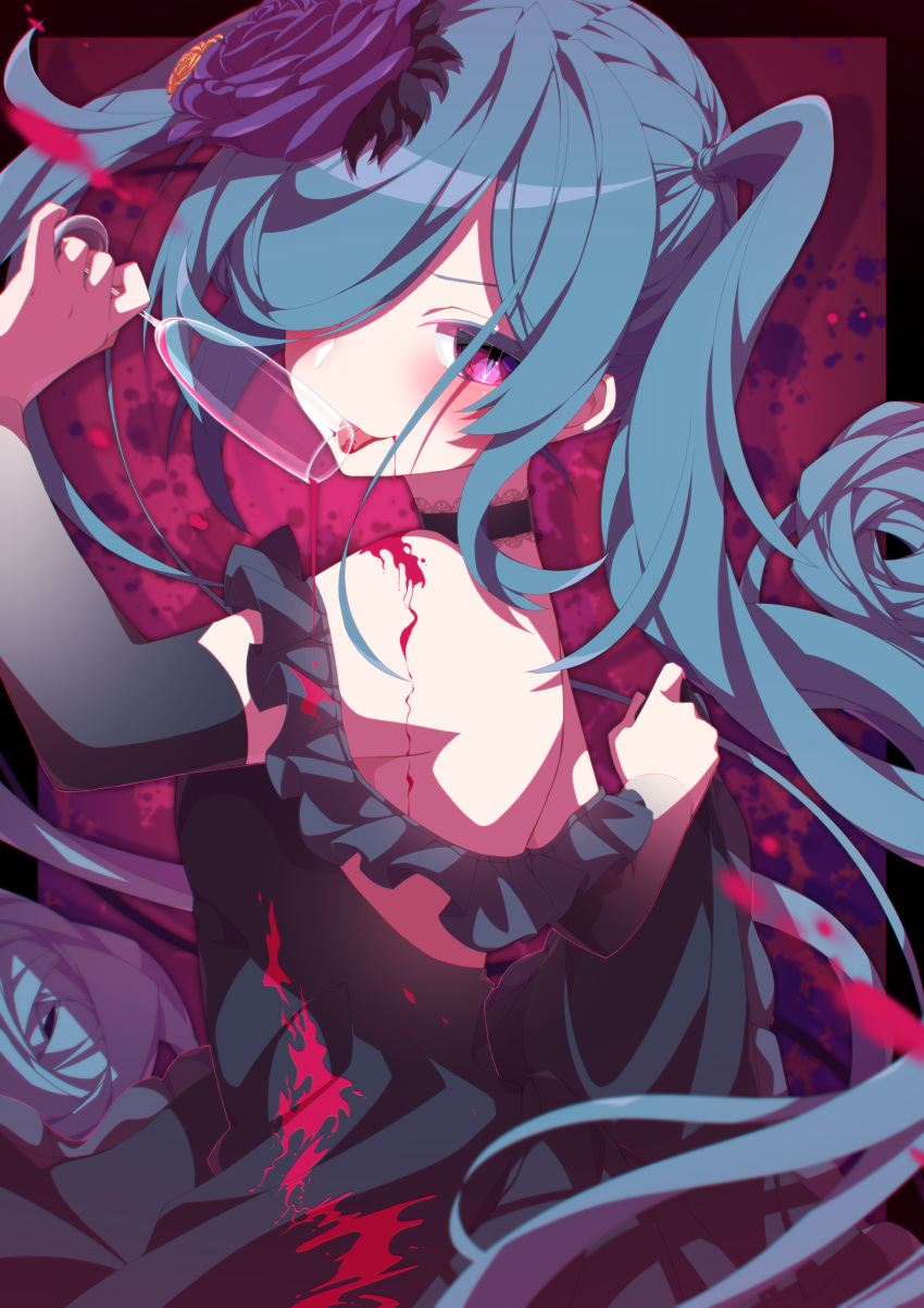 absurdres alternate_eye_color ambiguous_red_liquid aosaki_yato backless_dress backless_outfit black_collar black_dress blue_flower blue_hair blue_rose champagne_flute collar commentary cup detached_sleeves dress drinking_glass flower from_side hair_flower hair_ornament hand_up hatsune_miku hiasobi_(vocaloid) highres holding holding_cup lace-trimmed_collar lace_trim long_hair looking_at_viewer looking_back purple_eyes rose see-through see-through_sleeves slit_pupils spilling stained_clothes twintails upper_body very_long_hair vocaloid