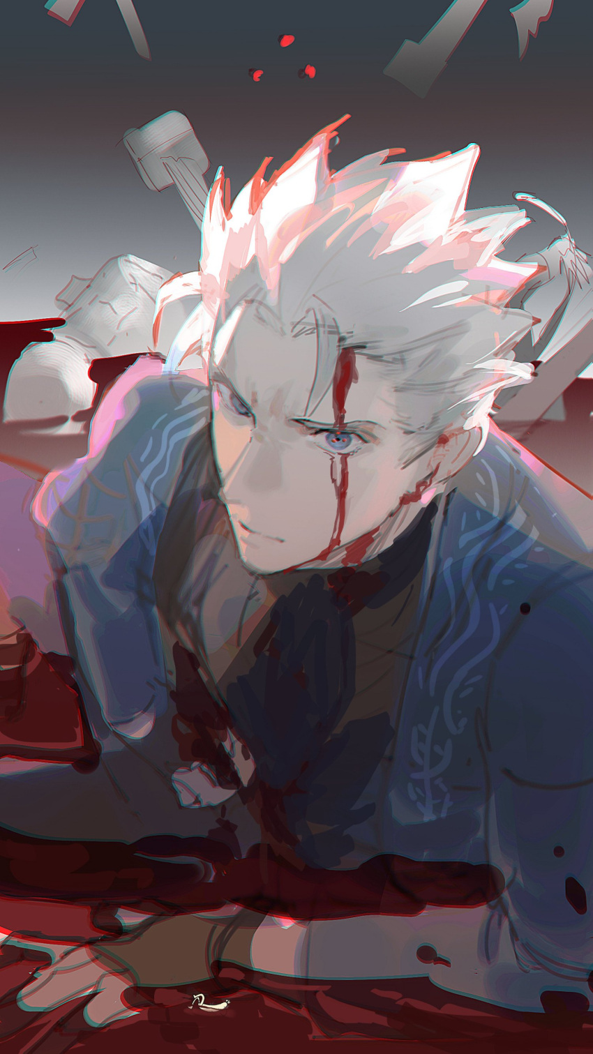 1boy absurdres blood blood_on_face blue_coat blue_eyes coat cumcmn devil_may_cry_(series) devil_may_cry_3 fingerless_gloves gloves hair_slicked_back highres holding looking_at_viewer male_focus solo vergil_(devil_may_cry) white_hair