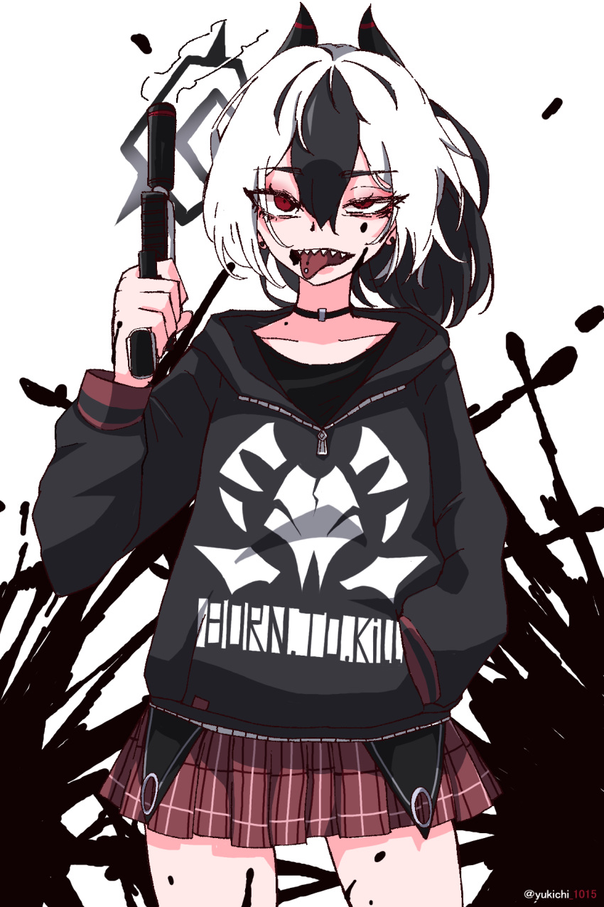 1girl black_choker black_hair black_hoodie black_shirt blue_archive checkered_clothes checkered_skirt choker demon_horns gun halo handgun highres holding holding_gun holding_weapon hood hood_down hoodie horns kayoko_(blue_archive) long_hair long_sleeves multicolored_hair piercing pleated_skirt ponytail red_eyes red_skirt sharp_teeth shirt sidelocks skirt solo teeth tongue tongue_out tongue_piercing twitter_username two-tone_hair weapon white_hair yukichi_1015