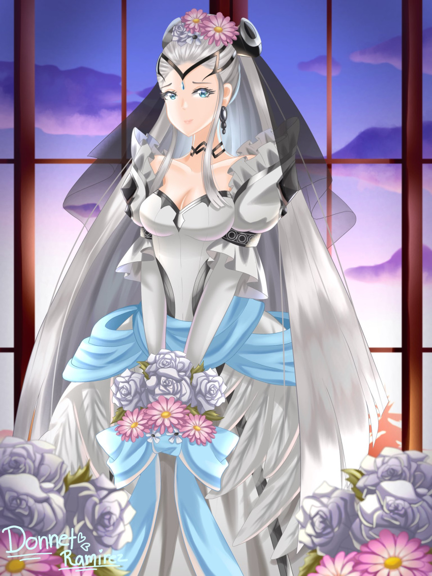 black_choker black_tiara black_veil blue_eyes bouquet breasts choker cleavage donnetramirez dress earrings eir_(fire_emblem) fire_emblem fire_emblem_heroes flower head_wreath highres holding holding_bouquet jewelry light_smile long_hair long_sleeves medium_breasts ponytail sidelocks sunset tiara veil wedding wedding_dress white_dress white_hair white_sleeves window