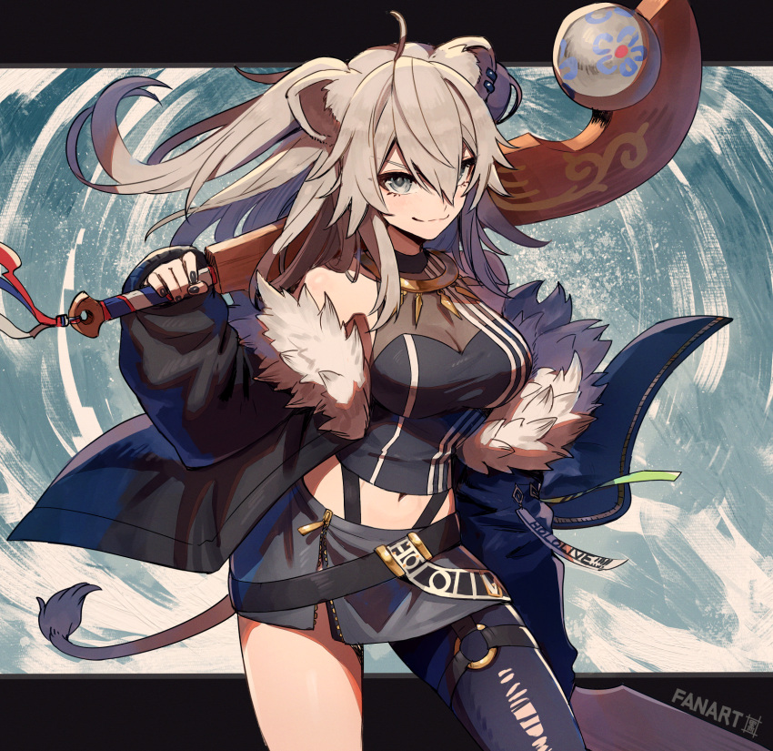 1girl animal_ears black_nails closed_mouth commentary_request fingernails fur-trimmed_jacket fur_trim grey_eyes grey_hair hair_between_eyes highres holding holding_weapon hololive jacket kuroi_susumu letter lion_ears lion_girl lion_tail long_hair looking_at_viewer nail_polish navel shishiro_botan shishiro_botan_(1st_costume) single_leg_pantyhose smile solo standing tail virtual_youtuber weapon