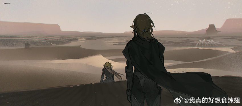 1boy 1girl akihare black_bodysuit blonde_hair bodysuit brown_cape brown_hair cape desert dune:_part_two dune_(series) from_behind highres landscape link medium_hair parody pointy_ears princess_zelda skeleton standing stillsuit the_legend_of_zelda the_legend_of_zelda:_tears_of_the_kingdom