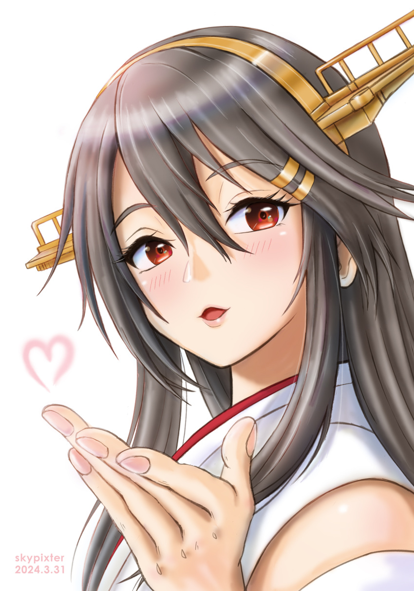 1girl black_hair blowing_kiss detached_sleeves gold_hairband hairband haruna_(kancolle) headgear heart highres japanese_clothes kantai_collection lips long_hair looking_at_viewer nontraditional_miko red_eyes simple_background skypixter solo white_background