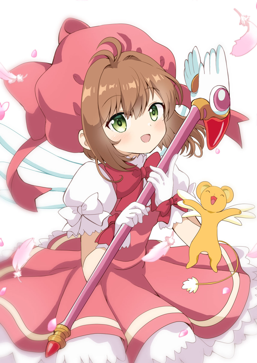 1girl :d antenna_hair bow brown_hair cardcaptor_sakura commentary_request dress feathers gloves green_eyes hair_intakes highres holding holding_wand kero_(cardcaptor_sakura) kinomoto_sakura looking_at_viewer massala petals pink_dress pink_feathers pink_hat pleated_dress puffy_short_sleeves puffy_sleeves red_bow shirt short_sleeves simple_background sleeveless sleeveless_dress smile wand white_background white_gloves white_shirt