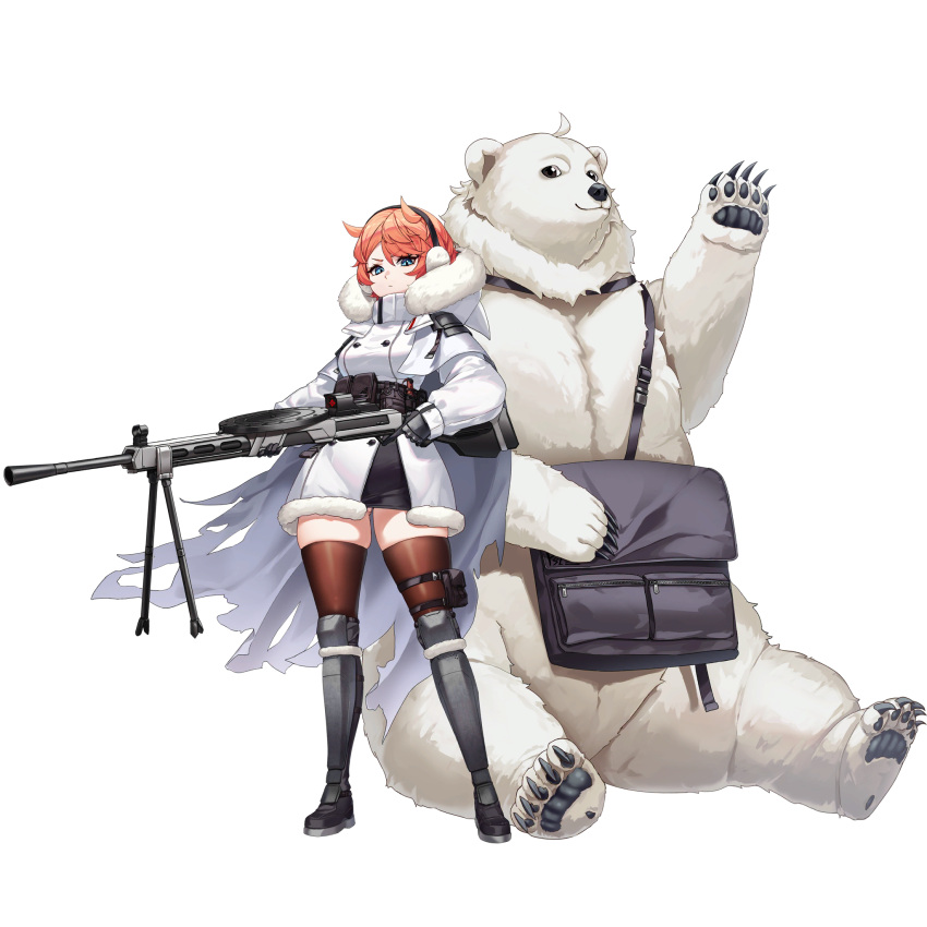 1girl animal antenna_hair armored_boots armored_gloves ass_visible_through_thighs bag bear belt bipod black_bag black_belt black_footwear black_gloves blue_eyes boots breasts brown_thighhighs buttons cape check_weapon claws closed_mouth coat d-log double-breasted earmuffs full_body fur-trimmed_coat fur-trimmed_hood fur_trim gloves gun high_collar highres holding holding_gun holding_weapon hood knee_boots knee_pads last_origin legs_apart looking_at_viewer medium_breasts mole mole_on_ass multicolored_coat official_art orange_hair partially_unzipped pixie_(last_origin) polar_bear pouch ryan_(last_origin) scope short_hair shoulder_bag simple_background sitting skindentation smile solo standing tachi-e thick_thighs thigh_pouch thighhighs thighs third-party_source torn_cape torn_clothes transparent_background trigger_discipline two-tone_coat v-shaped_eyebrows waving_arm weapon white_cape white_coat white_fur zettai_ryouiki