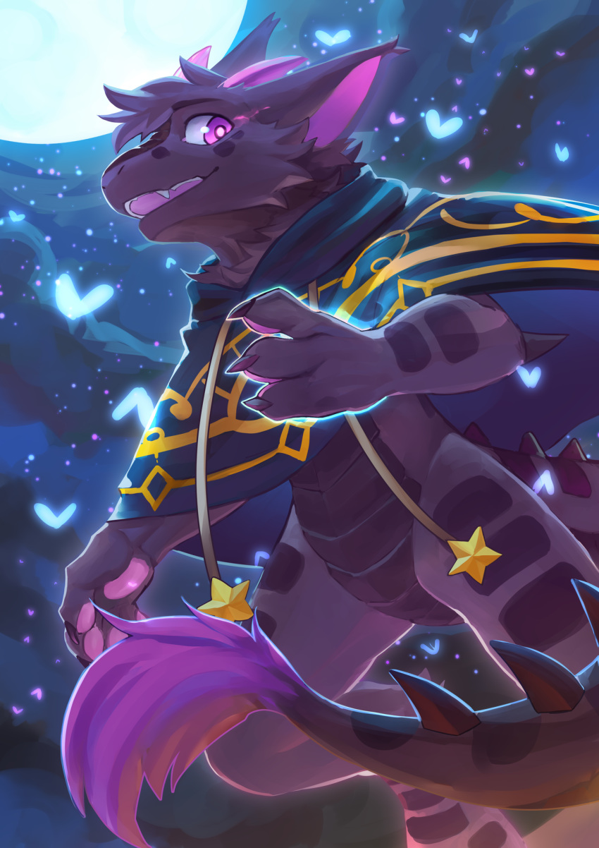 anthro blue_cape blue_clothing cape cheek_tuft clothing cloud dragon facial_tuft fangs featureless_crotch fur furred_dragon hair hi_res horn kuttoyaki male moon mythological_creature mythological_scalie mythology neck_tuft night open_mouth purple_body purple_ears purple_eyes purple_fur purple_hair purple_horn purple_scales scales scalie short_hair sky solo spiked_tail spikes spikes_(anatomy) tail tail_tuft teeth tuft