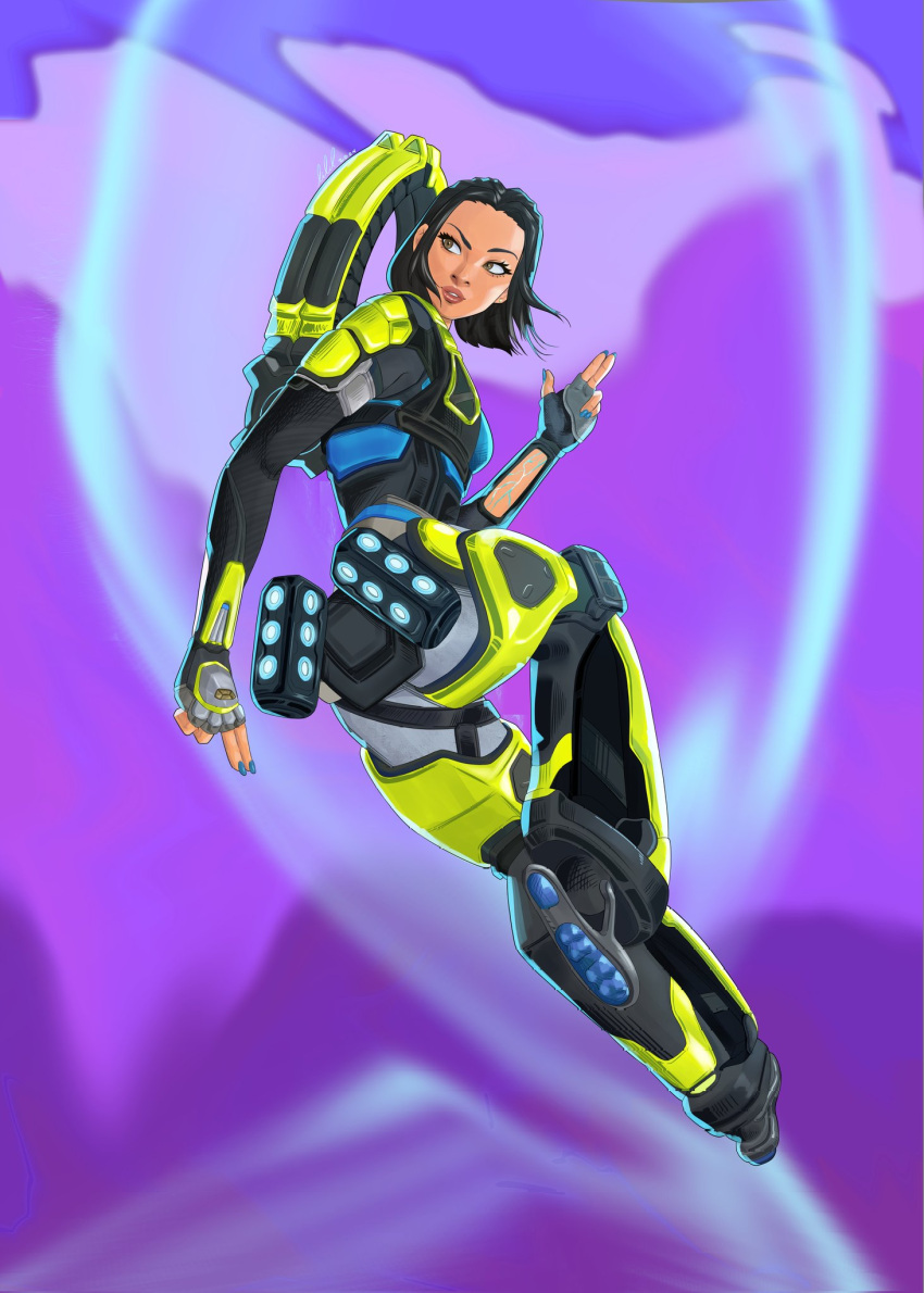 1girl airborne apex_legends black_hair blue_nails breasts brown_eyes conduit_(apex_legends) exoskeleton fingerless_gloves gloves grey_gloves grey_pants hair_between_eyes highres lilil_(lililmo_) looking_to_the_side pants parted_lips short_hair small_breasts solo v-shaped_eyebrows