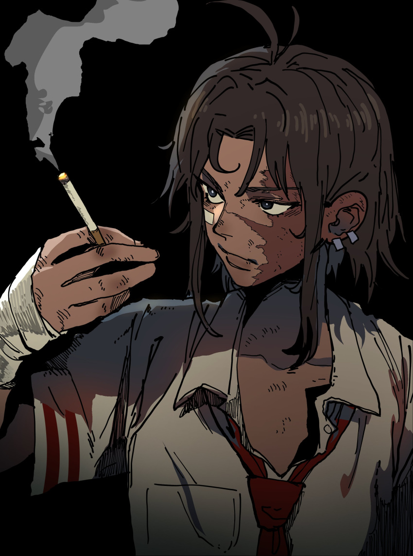 1girl absurdres ahoge bandaged_hand bandages black_background borrowed_character breast_pocket brown_hair burn_scar cigarette closed_mouth collarbone dark dark-skinned_female dark_skin earrings flat_chest gauze_on_cheek gift_art grey_eyes hand_up hatching_(texture) highres holding holding_cigarette injury isaacchief300 jewelry lips looking_at_object loose_necktie lucille_(elhayne) multiple_earrings necktie open_collar original parted_bangs pocket red_necktie scar scar_on_face shadow shirt short_hair short_sleeves sidelocks simple_background smoke solo upper_body v-shaped_eyebrows white_shirt