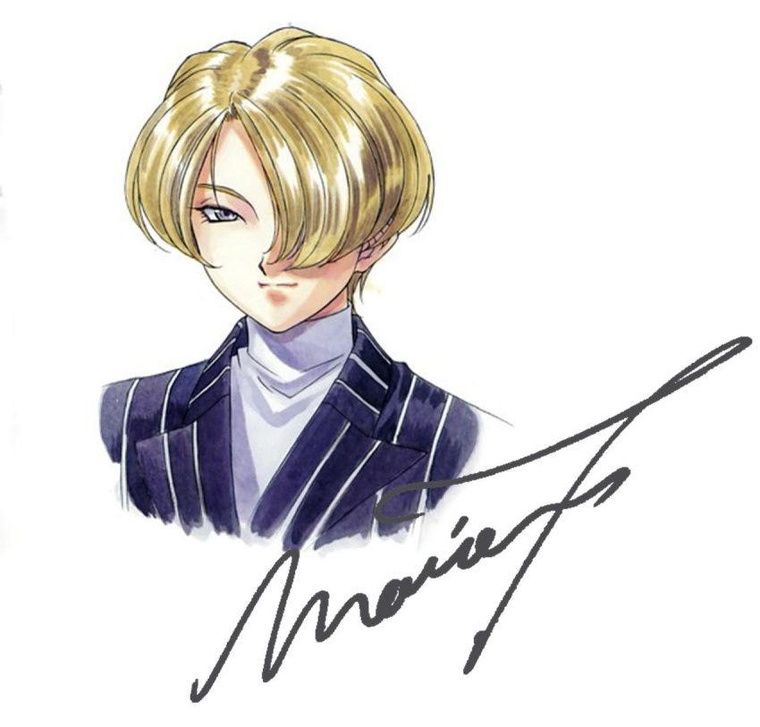 1girl black_suit blonde_hair character_name closed_mouth cropped_torso eyelashes formal grey_eyes hair_over_one_eye highres light_smile maria_tachibana matsubara_hidenori nose official_art open_eyes pant_suit pants parted_lips pinstripe_pattern pinstripe_suit sakura_taisen sega short_hair signature simple_background solo solo_focus suit traditional_media turtleneck vertical-striped_collar very_short_hair white_background white_stripes