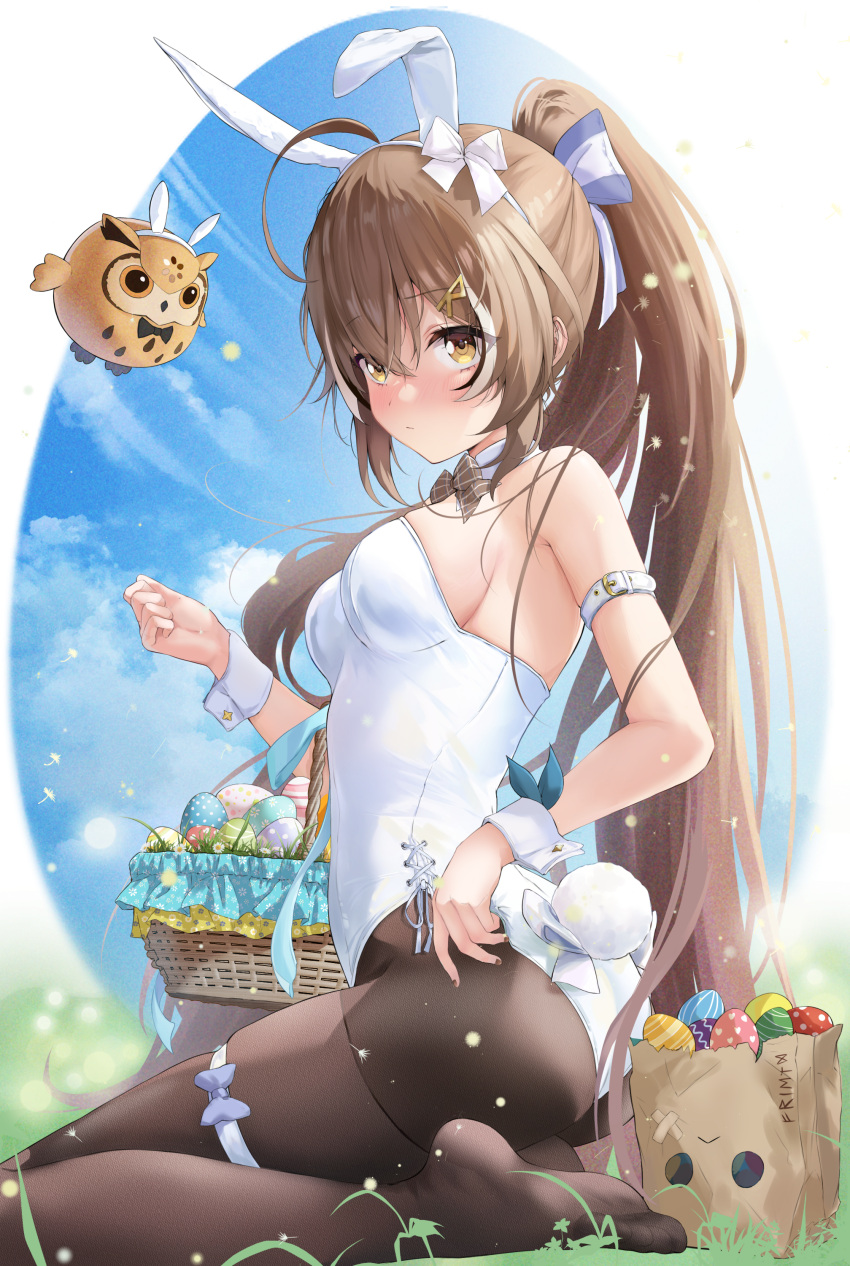 1girl absurdres alternate_costume animal_ears basket black_hair black_pantyhose blush breasts brown_eyes brown_hair closed_mouth commentary_request easter_egg egg fake_animal_ears fake_tail feather_hair_ornament feathers friend_(nanashi_mumei) hair_ornament highres holding holding_basket hololive hololive_english hootsie_(nanashi_mumei) leotard long_hair looking_at_viewer lukas_reule medium_breasts multicolored_hair nanashi_mumei pantyhose playboy_bunny ponytail rabbit_ears rabbit_tail soles solo streaked_hair tail virtual_youtuber white_hair white_leotard
